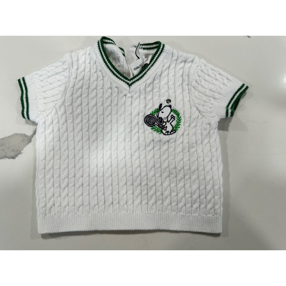 Janie and Jack Peanuts Snoopy Tennis Cable Knit Sweater Vest White Green 3-6M